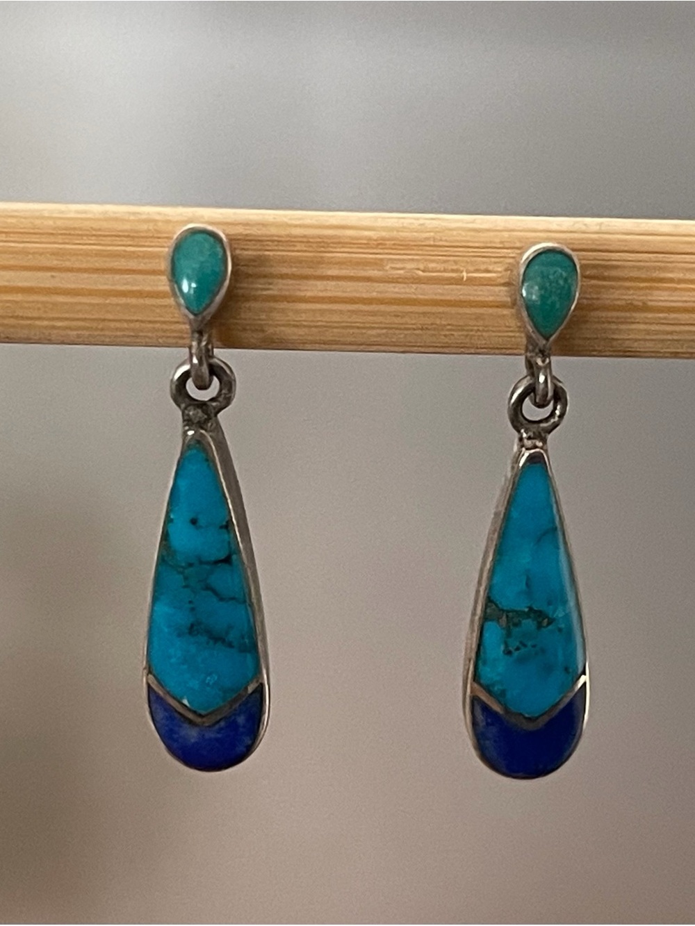Vintage Turquoise and Lapis Lazuli Teardrop Stone Drop Earrings Sterling.